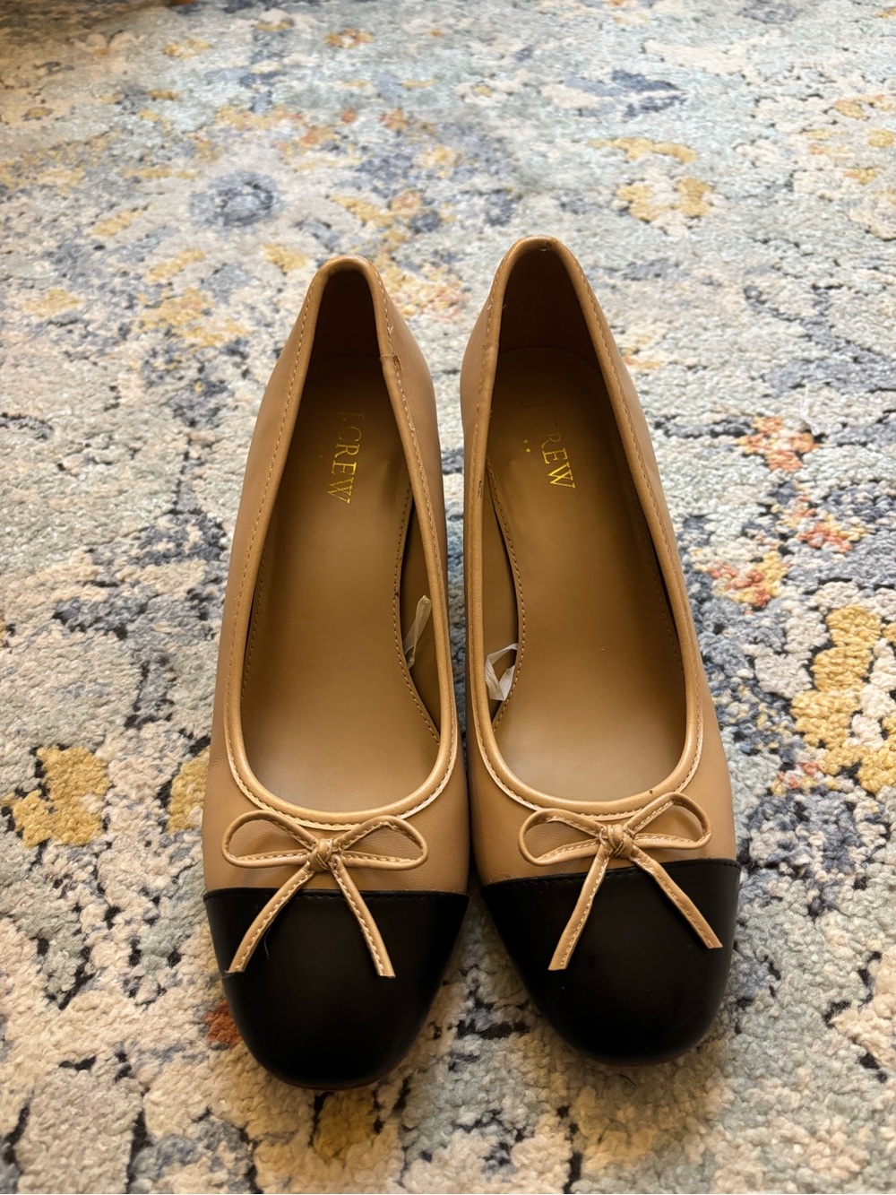 J. Crew Two-Tone Tan and Black Cap-Toe Block Heels with Bow